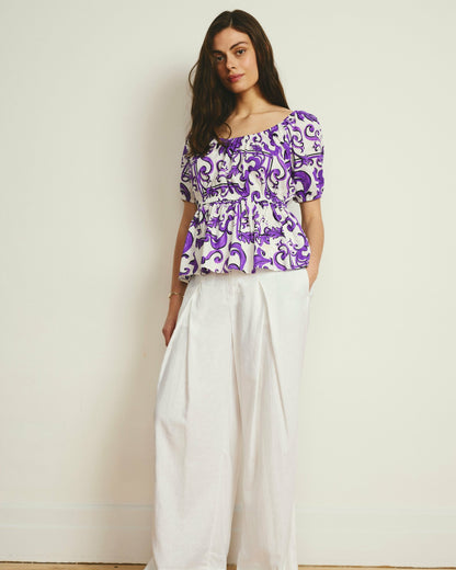 Universal Standard Andrea Peplum Linen Blend Top - Purple Majolica Print