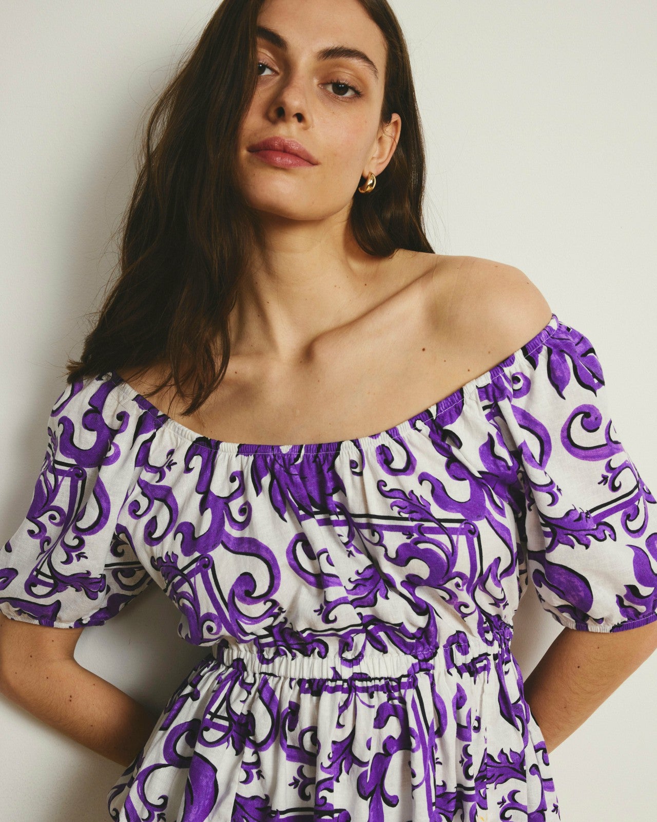 Universal Standard Andrea Peplum Linen Blend Top - Purple Majolica Print