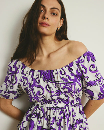 Universal Standard Andrea Peplum Linen Blend Top - Purple Majolica Print