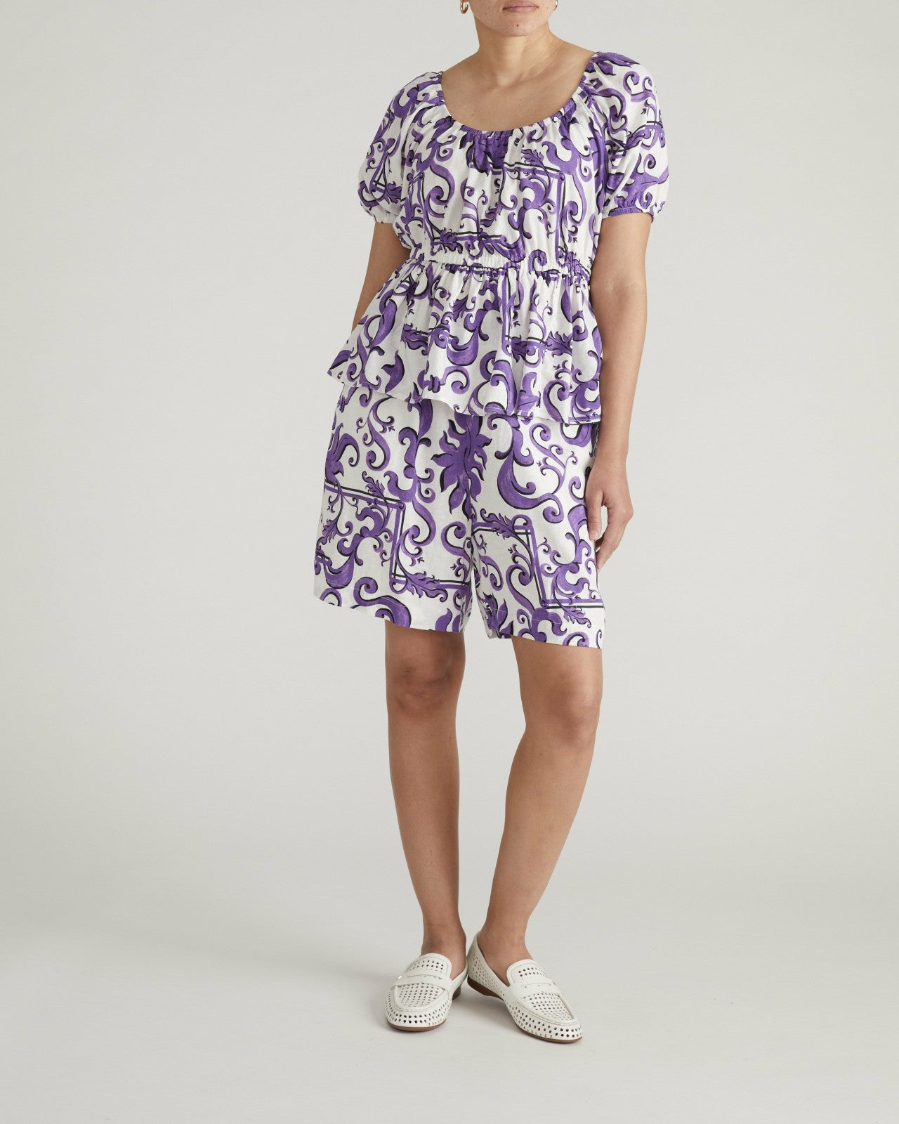 Universal Standard Andrea Peplum Linen Blend Top - Purple Majolica Print