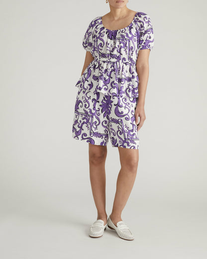 Universal Standard Andrea Peplum Linen Blend Top - Purple Majolica Print