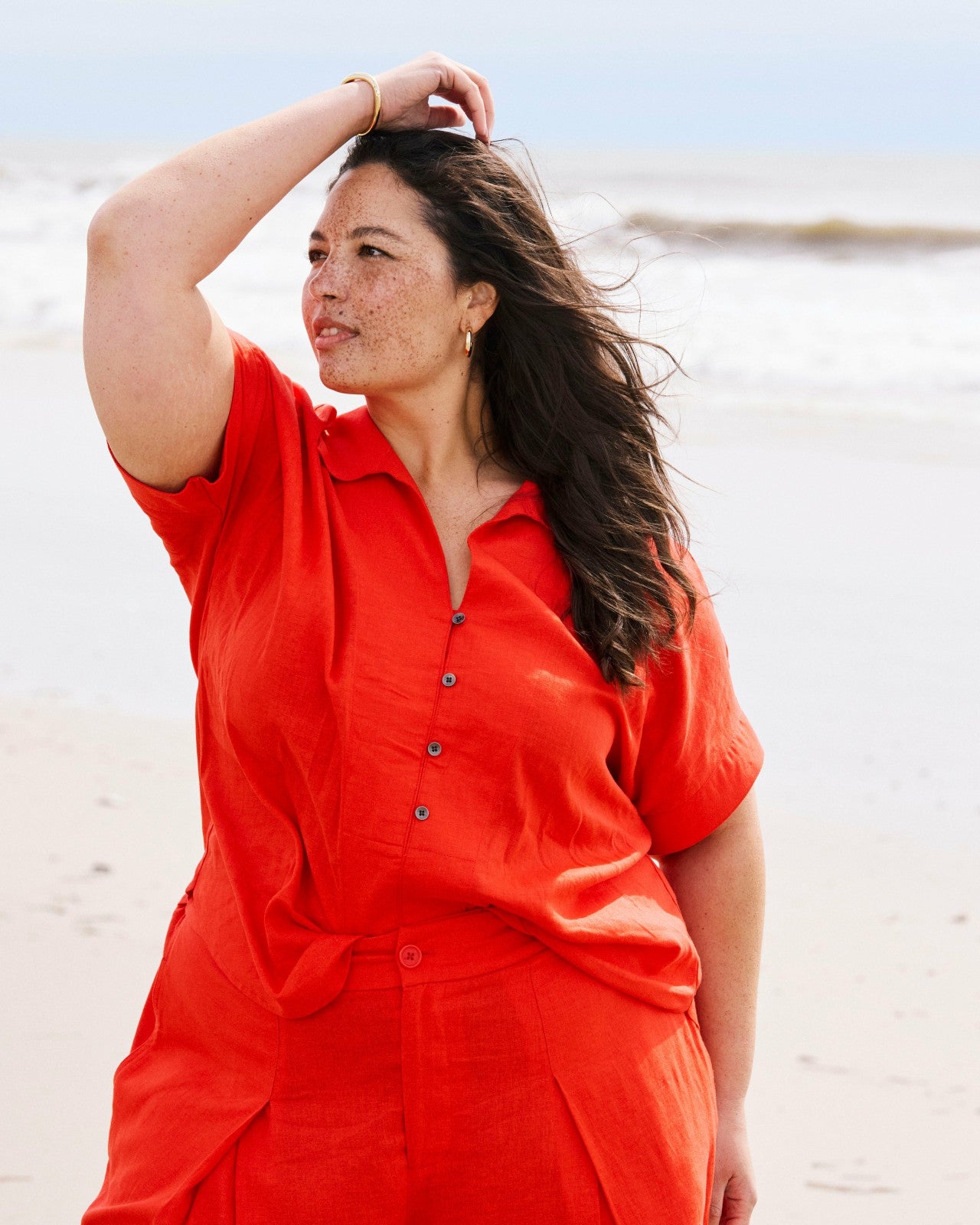 Universal Standard Sandy Short Sleeve Stretch Linen Blend Shirt - Shoreline Sunset