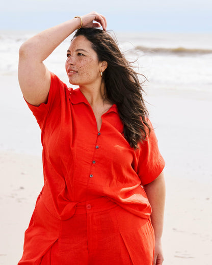 Universal Standard Sandy Short Sleeve Stretch Linen Blend Shirt - Shoreline Sunset
