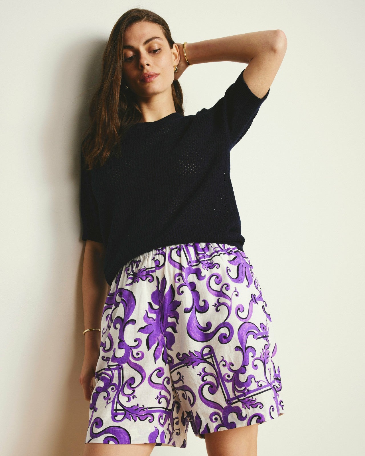 Universal Standard Juniper Linen Blend Easy Pull-On Shorts - Purple Majolica Print