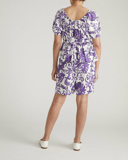 Universal Standard Juniper Linen Blend Easy Pull-On Shorts - Purple Majolica Print