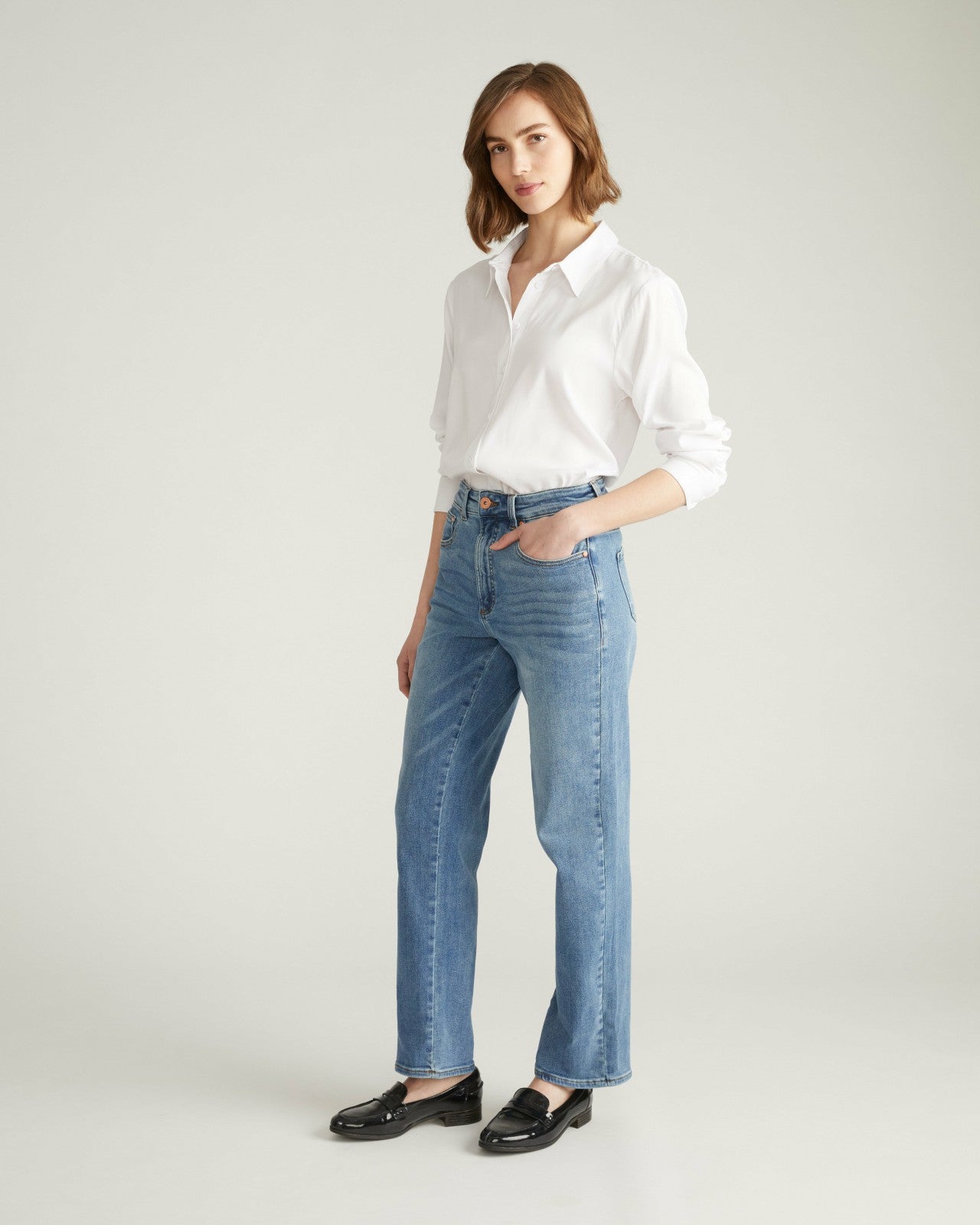 Universal Standard Etta High Rise Straight Leg Jeans 31 Inch - Distressed Washed Indigo