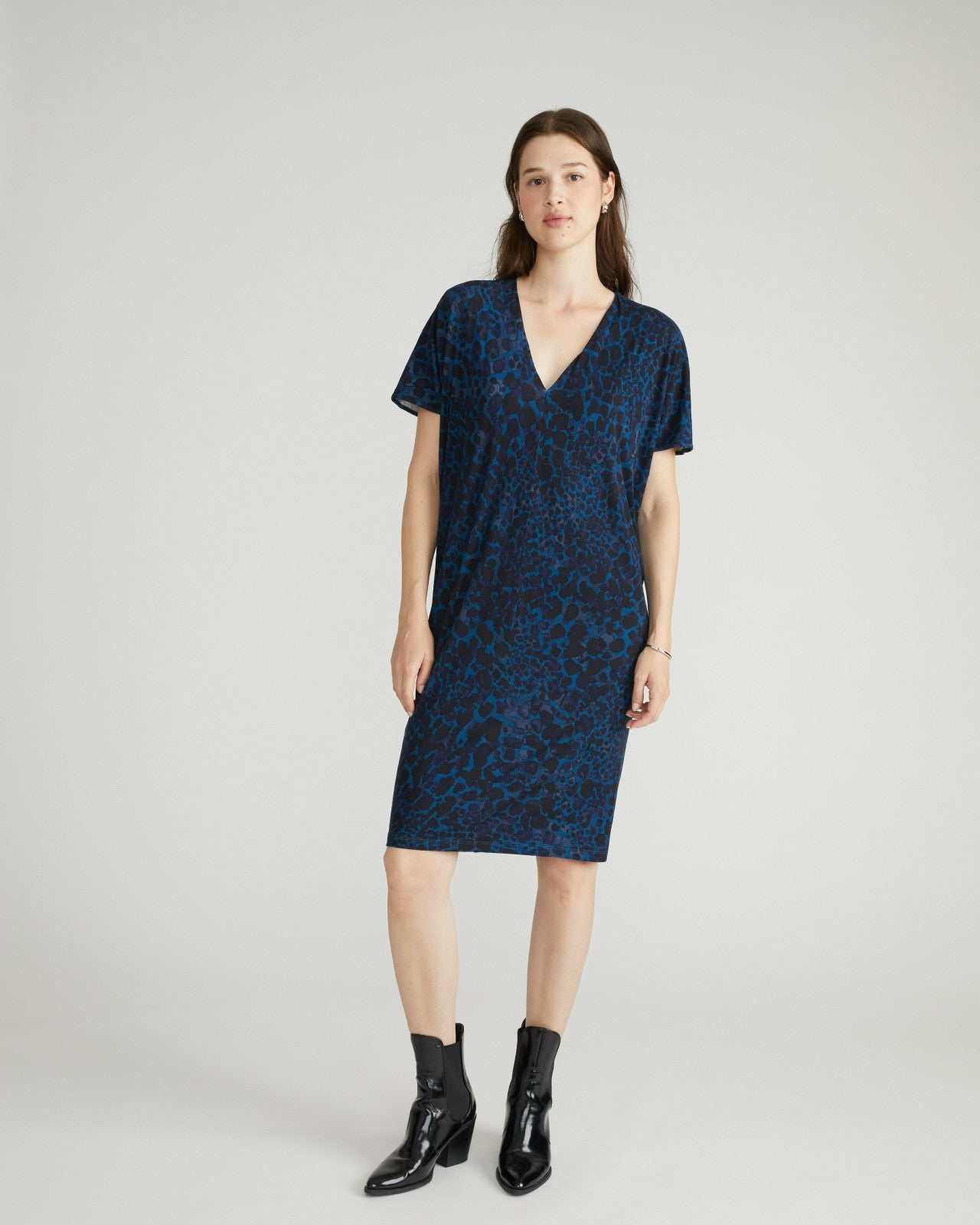 Universal Standard Teresa Liquid Jersey V-Neck Dress - Deep Teal Animal Print