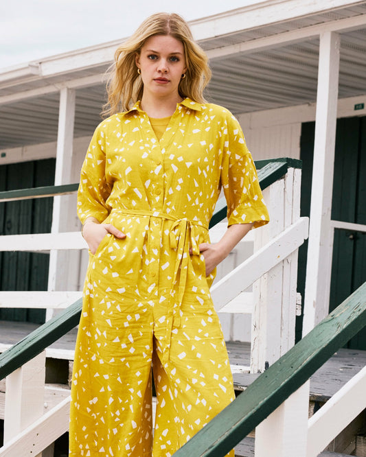 Universal Standard Maggie Barrel Leg Linen Blend Jumpsuit - Yellow Confetti Print