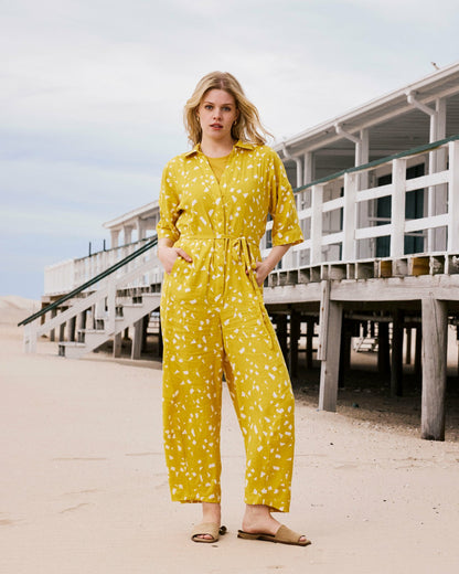Universal Standard Maggie Barrel Leg Linen Blend Jumpsuit - Yellow Confetti Print