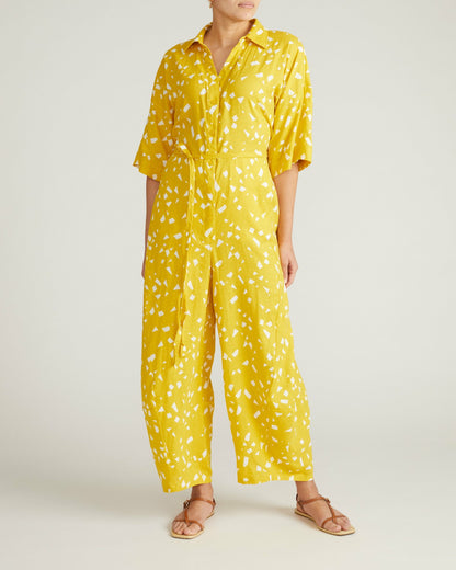Universal Standard Maggie Barrel Leg Linen Blend Jumpsuit - Yellow Confetti Print