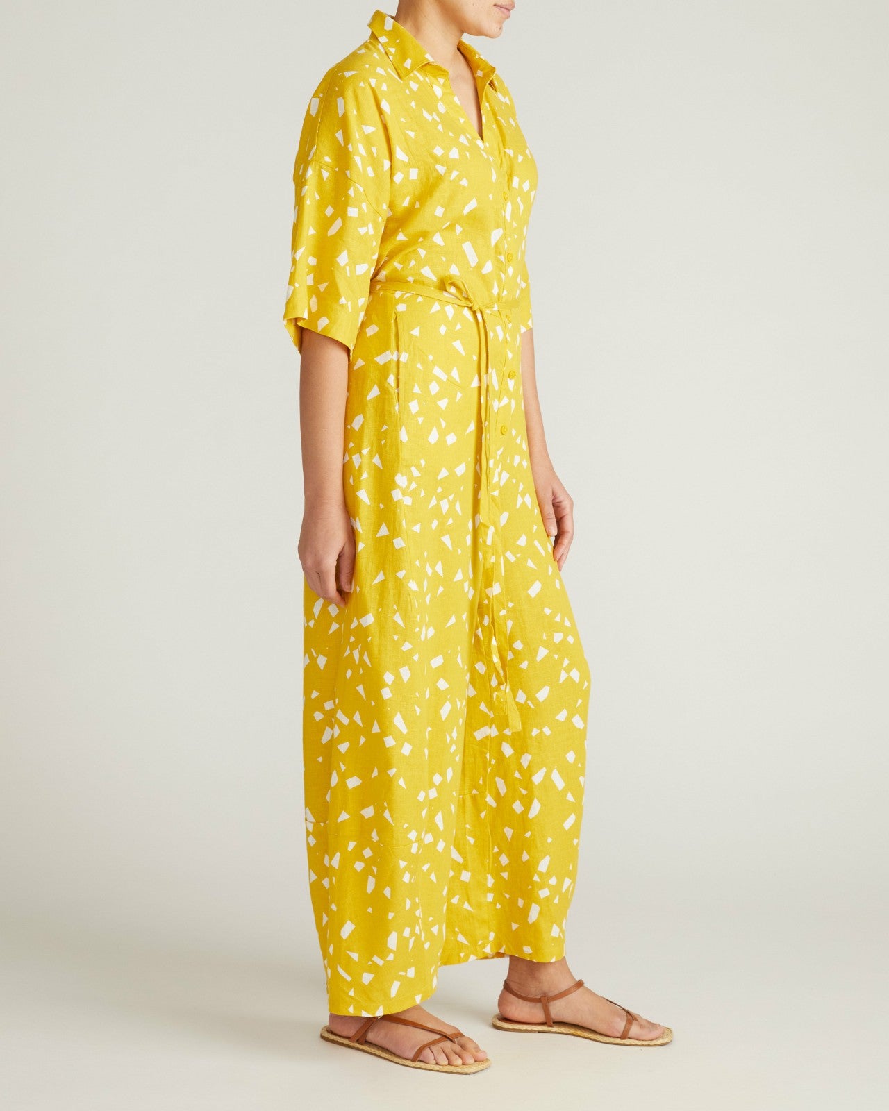 Universal Standard Maggie Barrel Leg Linen Blend Jumpsuit - Yellow Confetti Print