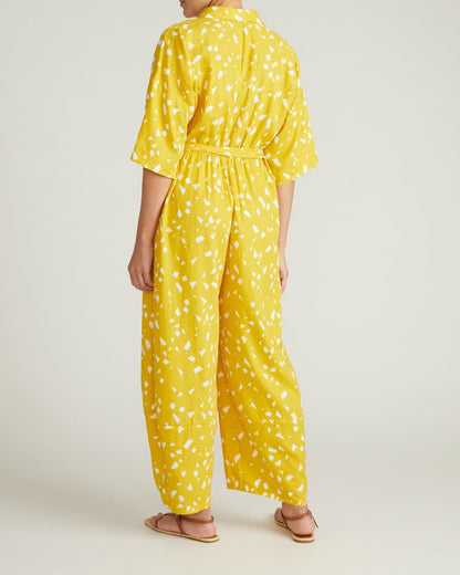 Universal Standard Maggie Barrel Leg Linen Blend Jumpsuit - Yellow Confetti Print