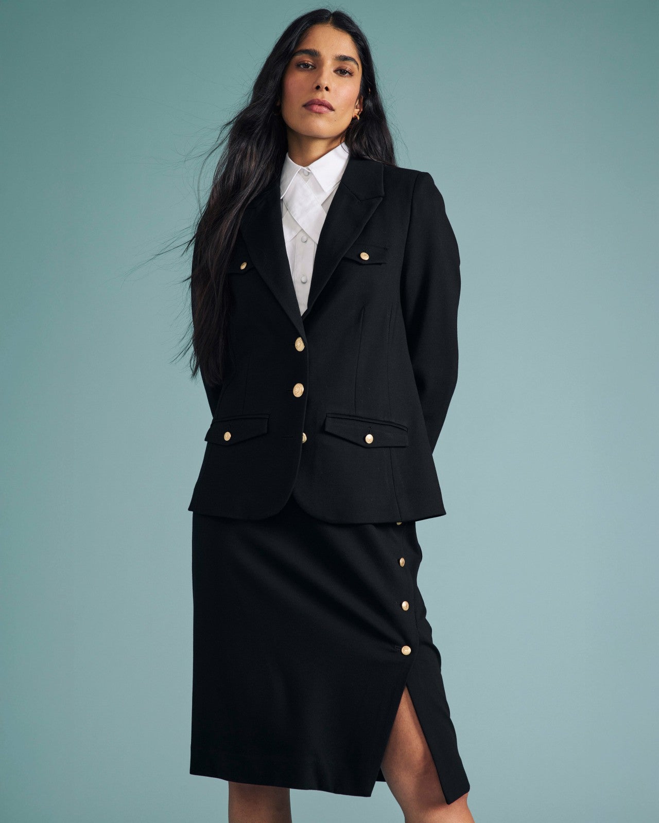 Universal Standard 4 Pocket Ponte Blazer - Black with Gold Buttons