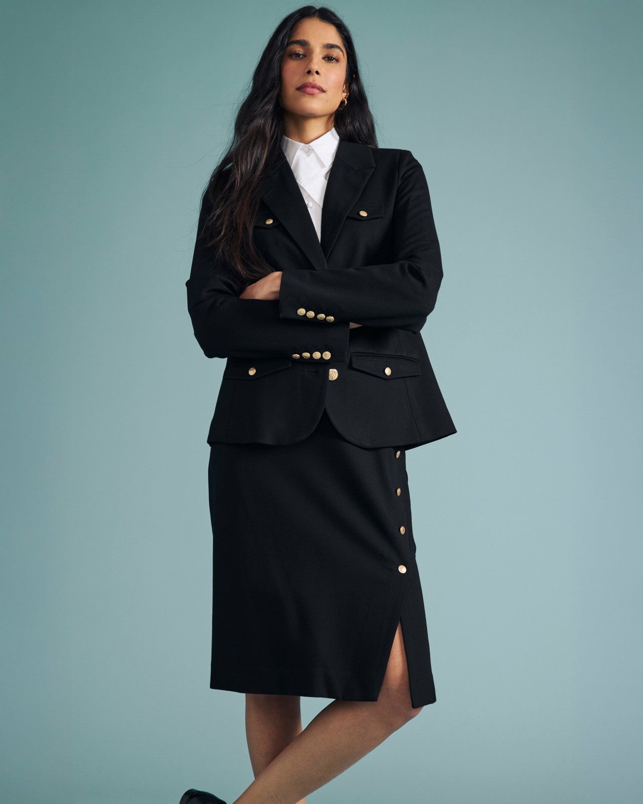 Universal Standard 4 Pocket Ponte Blazer - Black with Gold Buttons