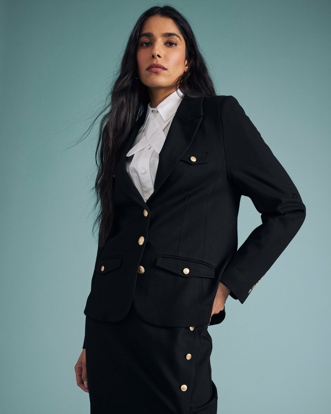 Universal Standard 4 Pocket Ponte Blazer - Black with Gold Buttons