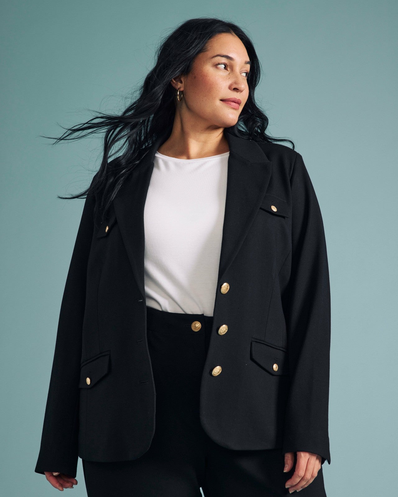 Universal Standard 4 Pocket Ponte Blazer - Black with Gold Buttons