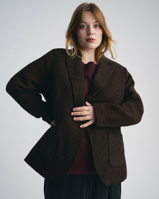 Universal Standard Kidjo Tailored Wool Jacket - Black/Brown Herringbone