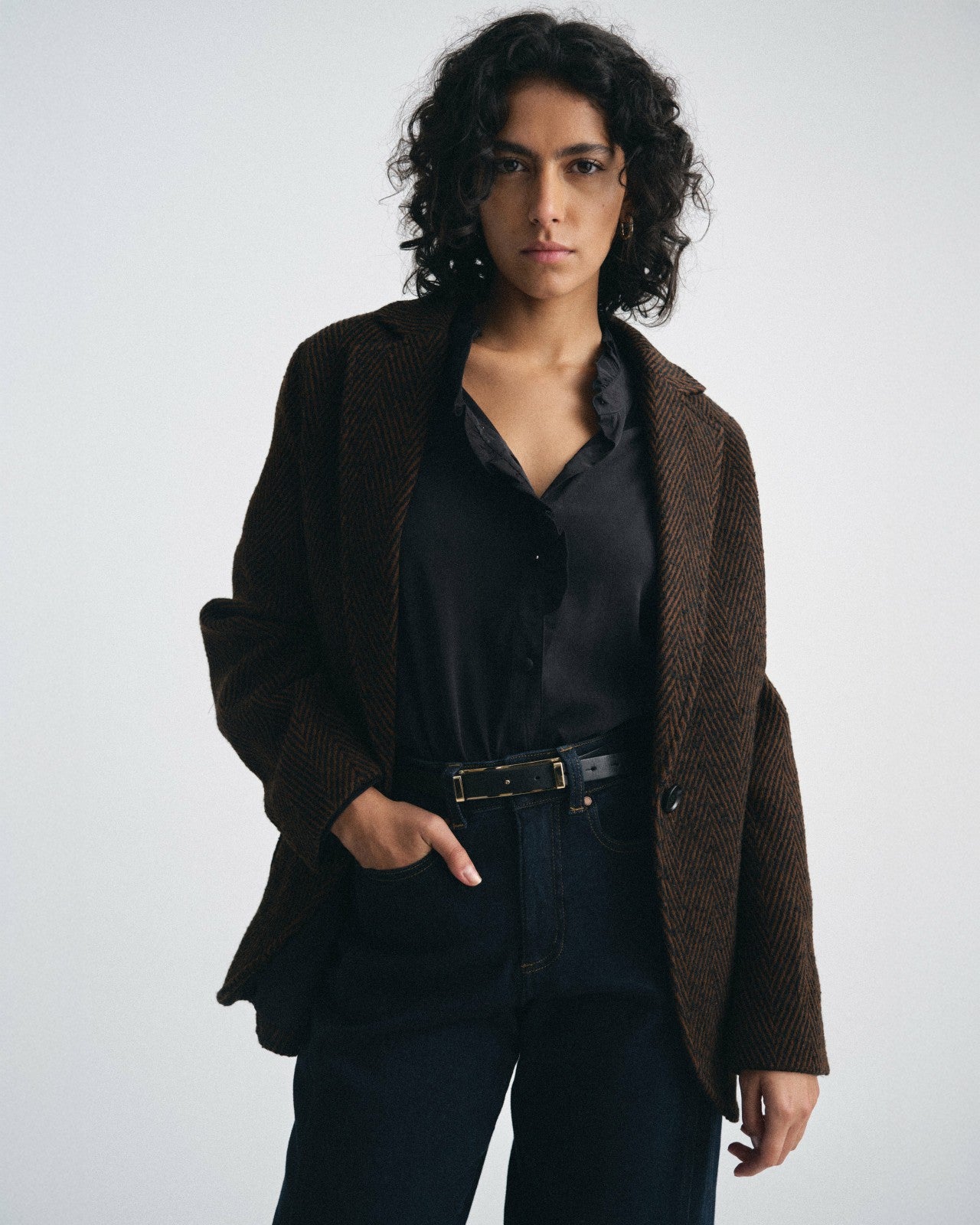 Universal Standard Kidjo Tailored Wool Jacket - Black/Brown Herringbone