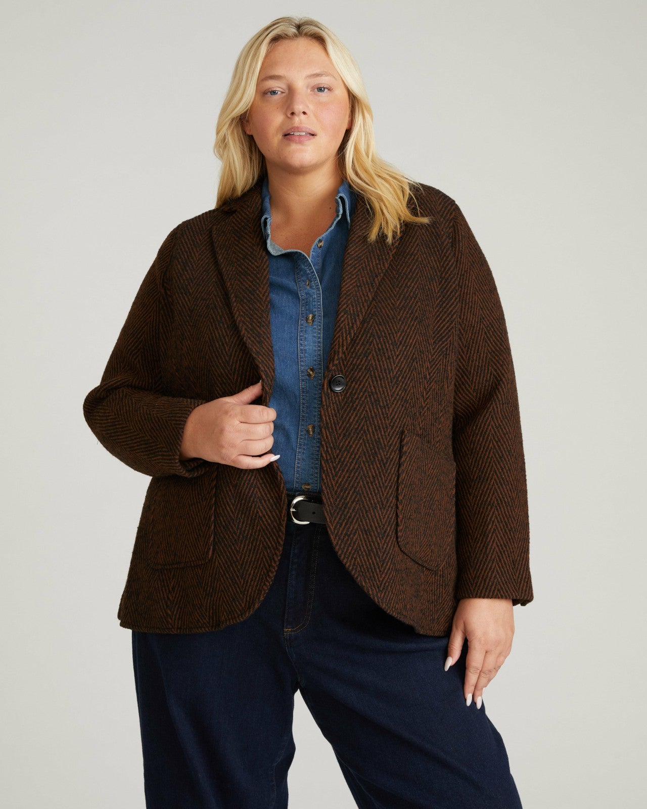 Universal Standard Kidjo Tailored Wool Jacket - Black/Brown Herringbone