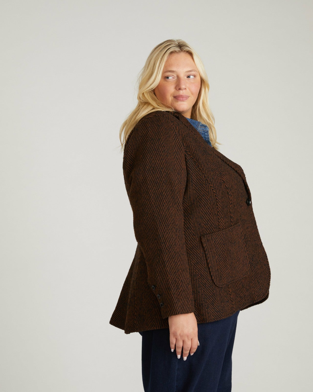 Universal Standard Kidjo Tailored Wool Jacket - Black/Brown Herringbone