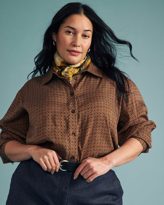 Universal Standard Cooling Stretch Cupro Artist Shirt - Brown Hacienda Print