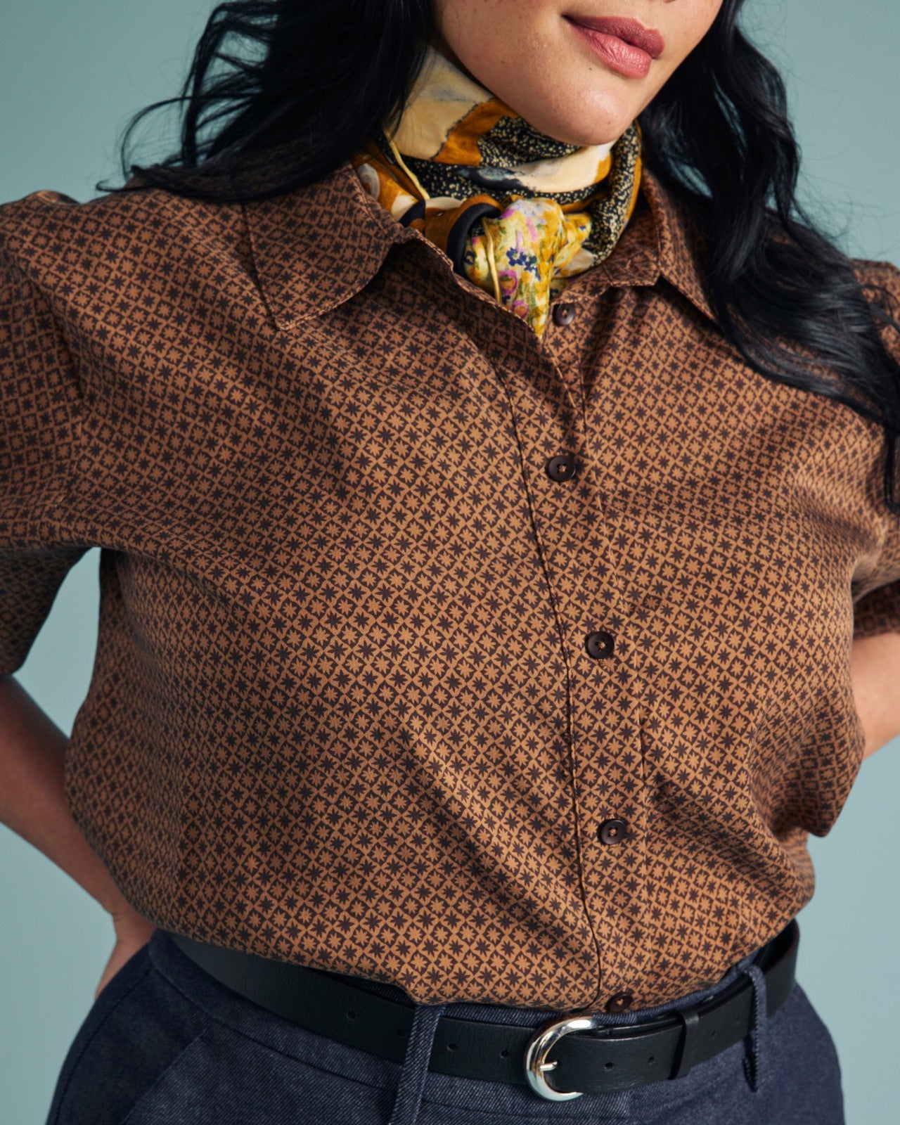 Universal Standard Cooling Stretch Cupro Artist Shirt - Brown Hacienda Print