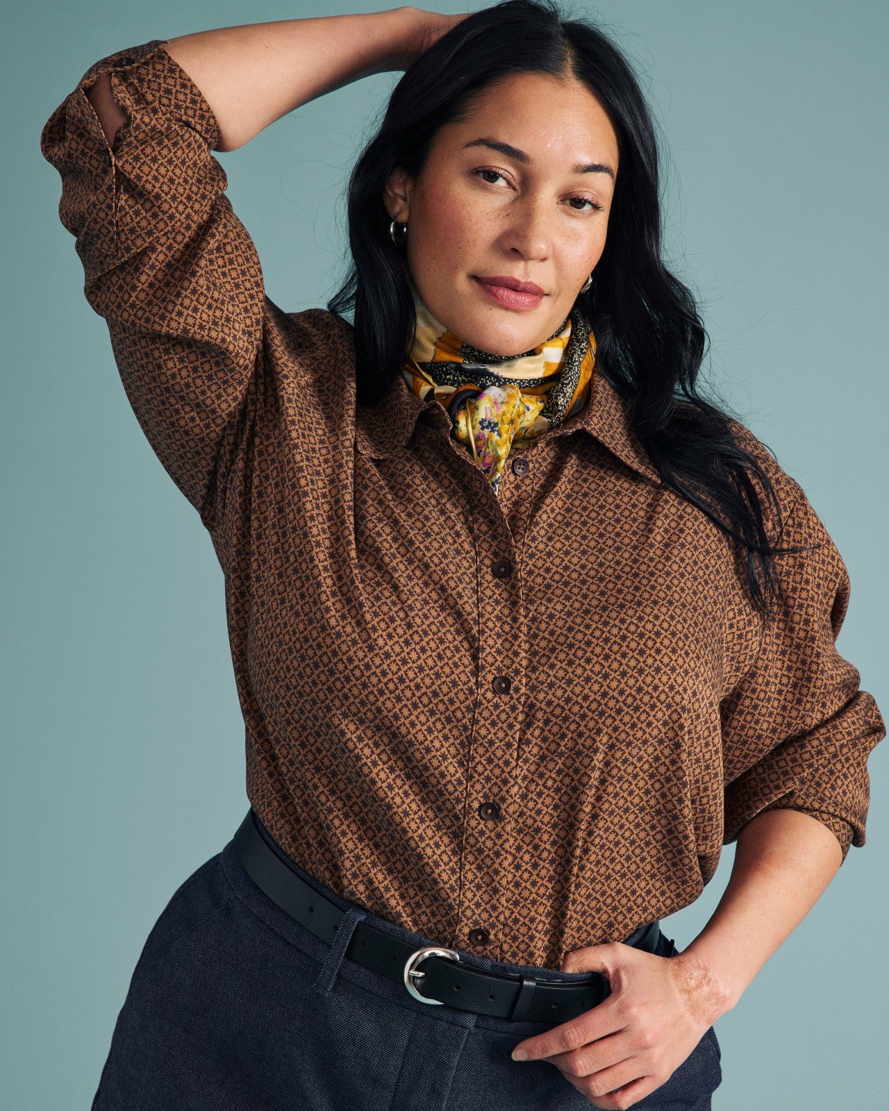 Universal Standard Cooling Stretch Cupro Artist Shirt - Brown Hacienda Print