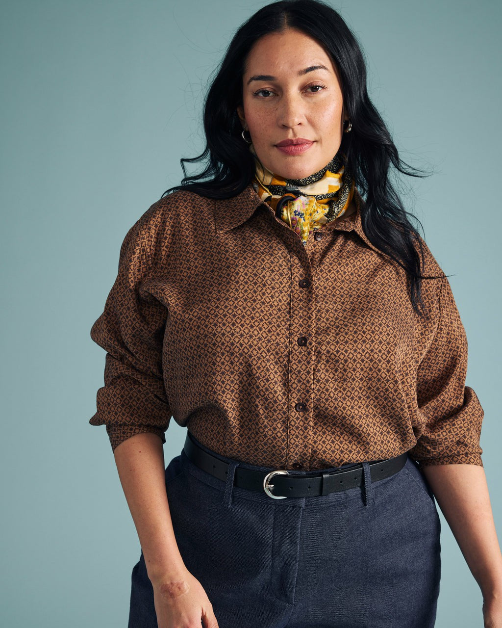 Universal Standard Cooling Stretch Cupro Artist Shirt - Brown Hacienda Print