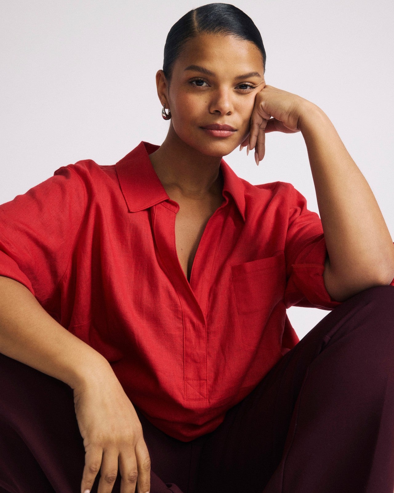 Universal Standard Button Back Linen Blend Polo Shirt - Brilliant Red