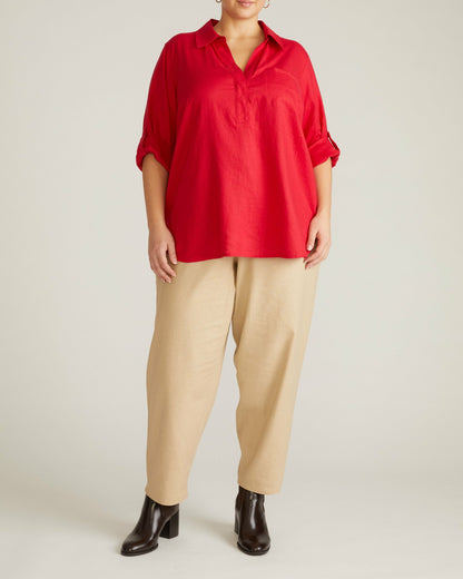 Universal Standard Button Back Linen Blend Polo Shirt - Brilliant Red
