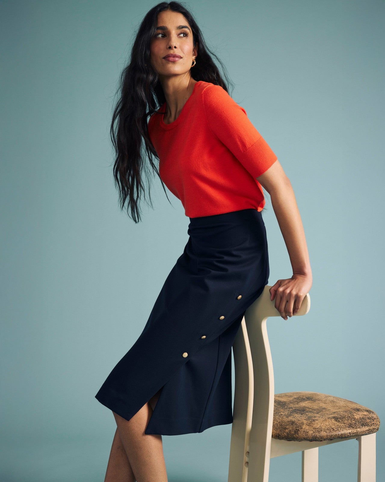 Universal Standard Anya Ponte Skirt - Navy with Gold Buttons