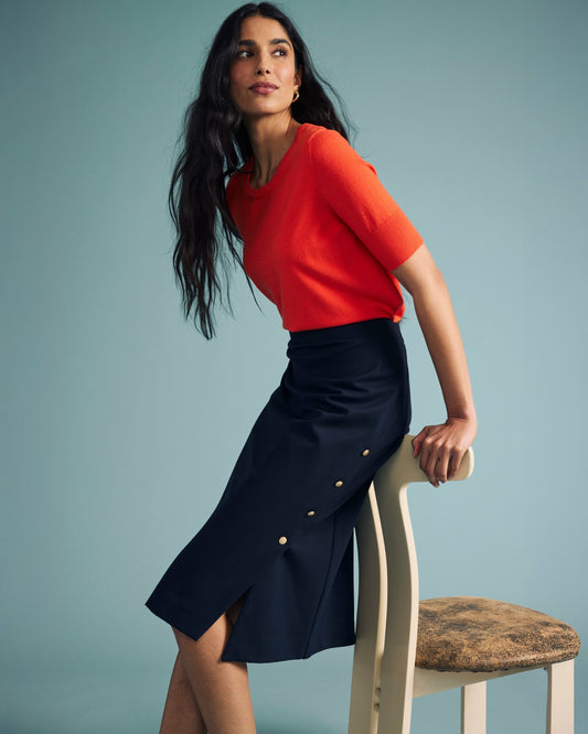 Universal Standard Anya Ponte Skirt - Navy with Gold Buttons