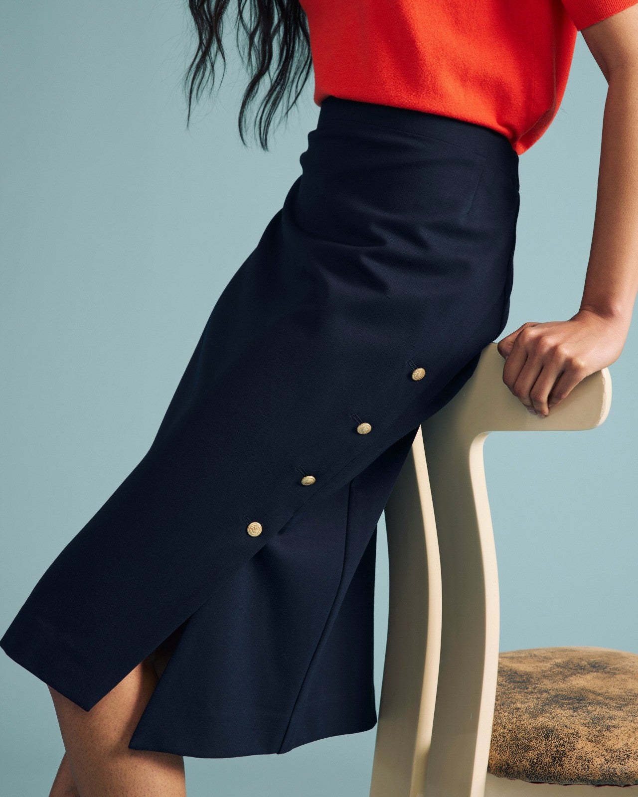 Universal Standard Anya Ponte Skirt - Navy with Gold Buttons