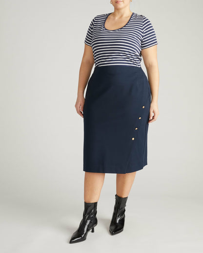 Universal Standard Anya Ponte Skirt - Navy with Gold Buttons
