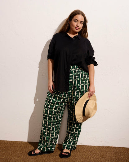 Universal Standard Iris Linen Blend Easy Pull-On Pants - Green Trellis Print