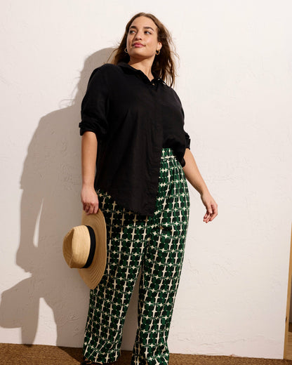 Universal Standard Iris Linen Blend Easy Pull-On Pants - Green Trellis Print