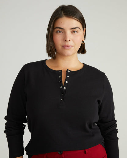 Universal Standard Henley Long Sleeve Ribbed Tee - Black