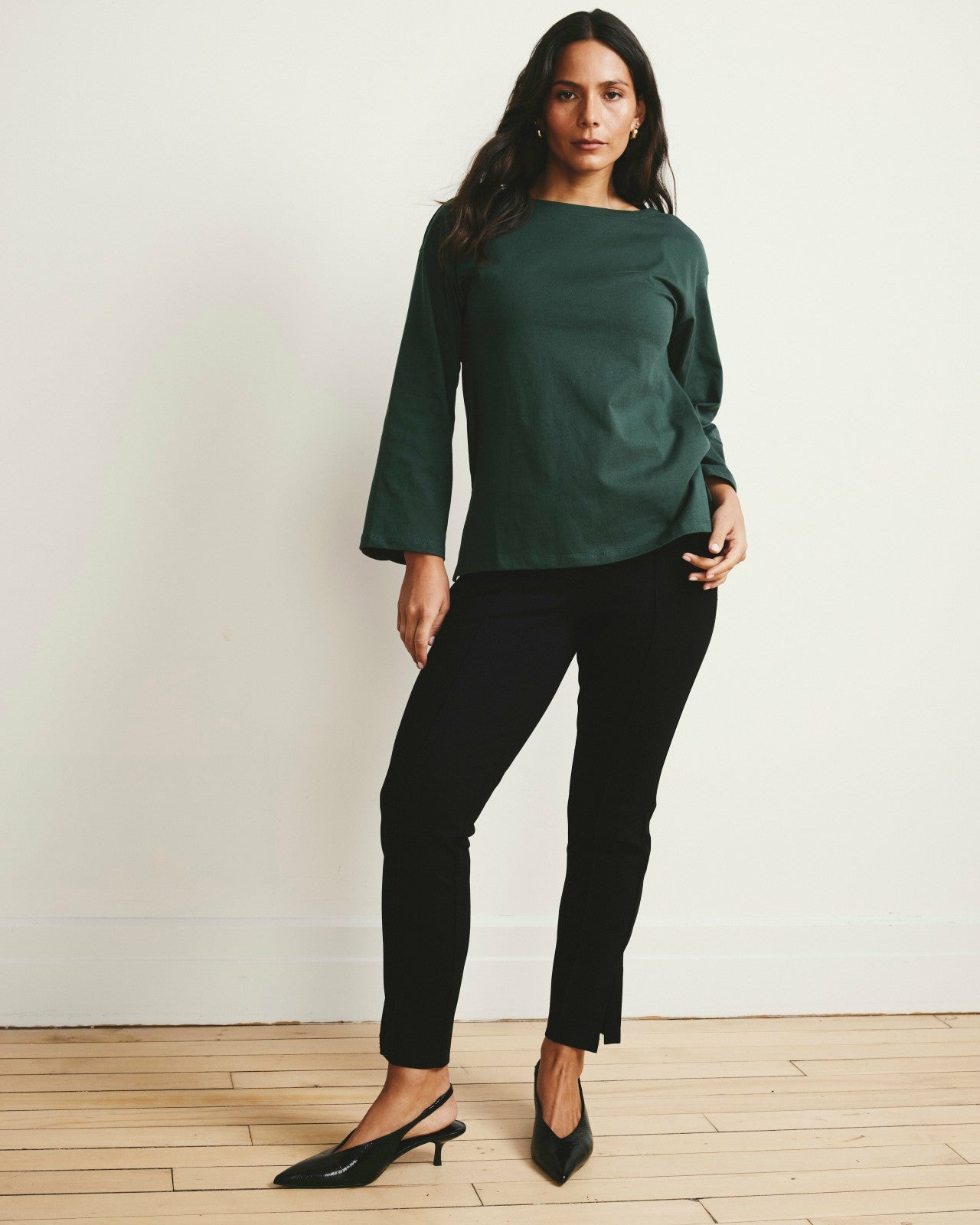 Universal Standard Montauk Breton Stripe Bell Sleeve Top - Solid Conifer