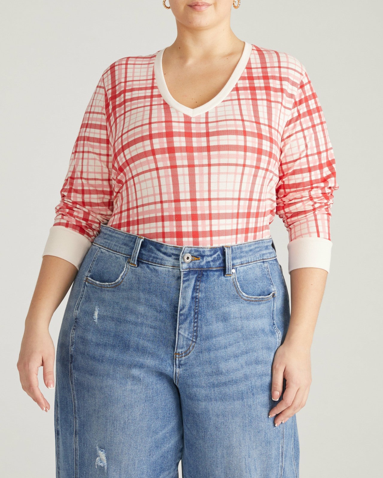 Universal Standard Long Sleeve V Rex - Red Plaid Print