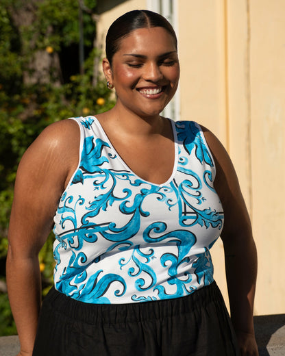 Universal Standard Double V Tank - Blue Majolica Print