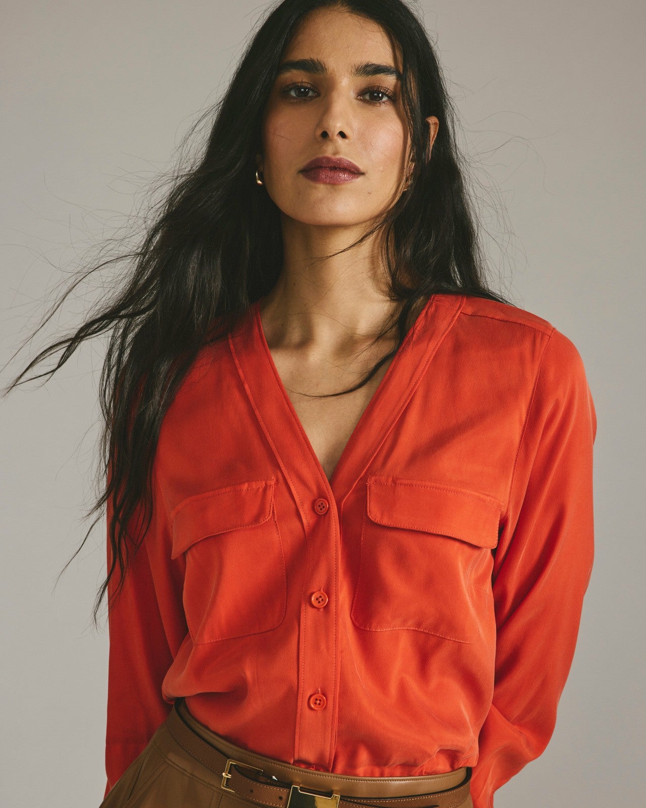 Universal Standard Cooling Stretch Cupro Button-Down Blouse - Orange Flame
