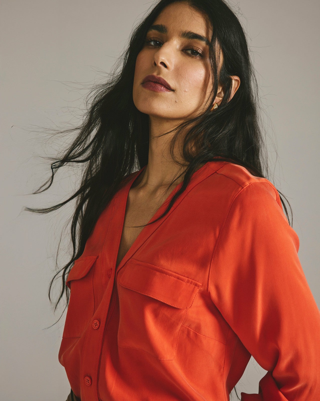Universal Standard Cooling Stretch Cupro Button-Down Blouse - Orange Flame