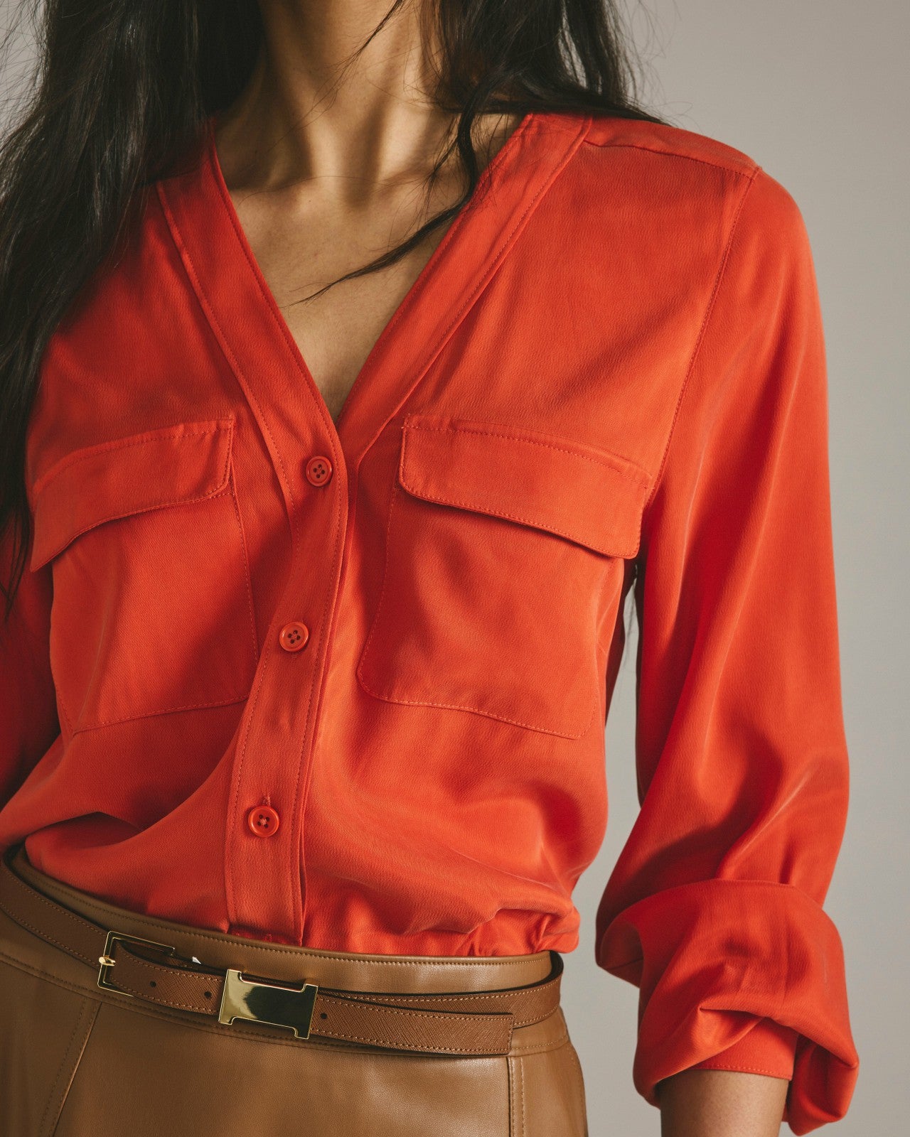 Universal Standard Cooling Stretch Cupro Button-Down Blouse - Orange Flame