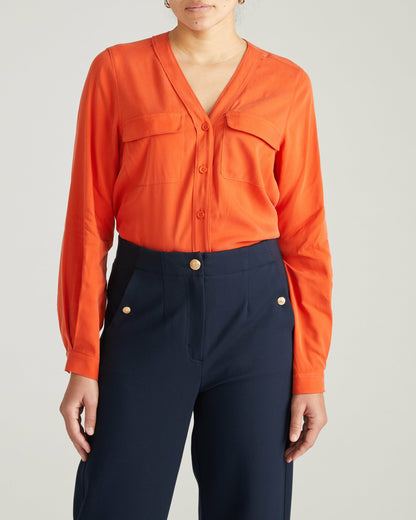 Universal Standard Cooling Stretch Cupro Button-Down Blouse - Orange Flame