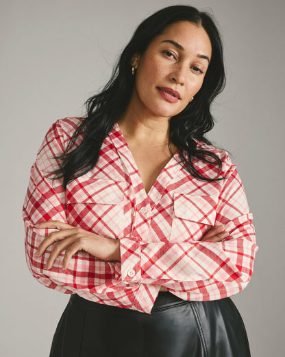Universal Standard Cooling Stretch Cupro Button-Down Blouse - Red Plaid Print