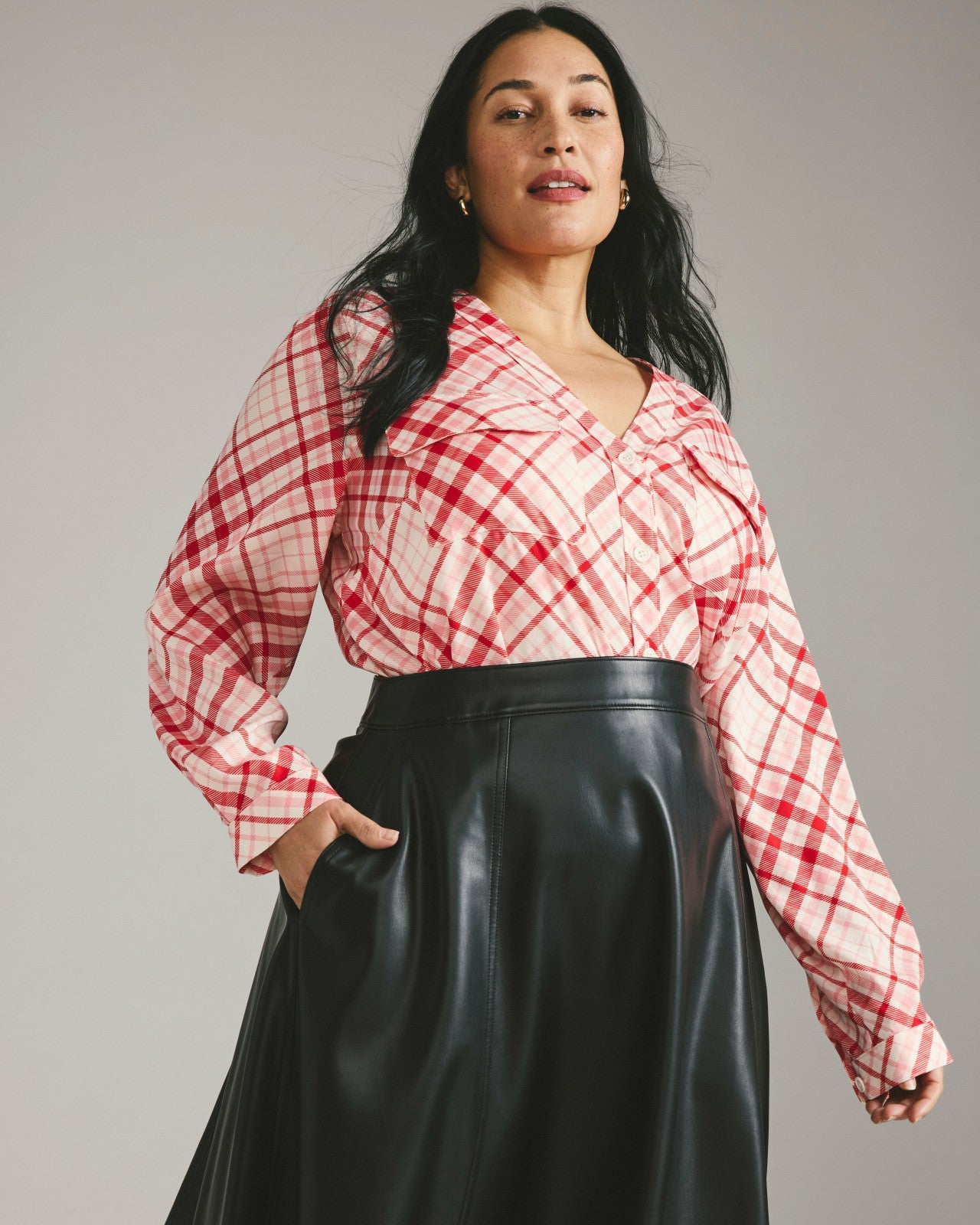 Universal Standard Cooling Stretch Cupro Button-Down Blouse - Red Plaid Print