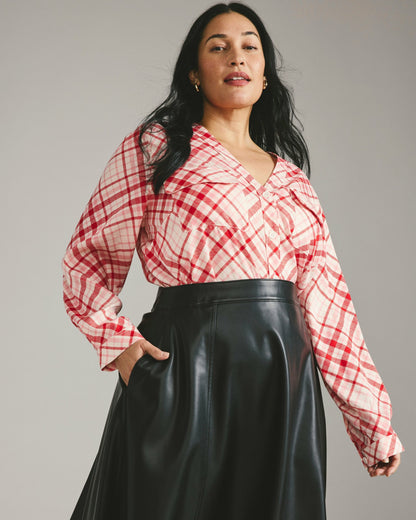 Universal Standard Cooling Stretch Cupro Button-Down Blouse - Red Plaid Print