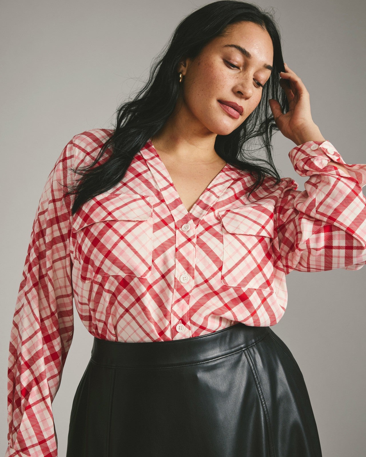 Universal Standard Cooling Stretch Cupro Button-Down Blouse - Red Plaid Print