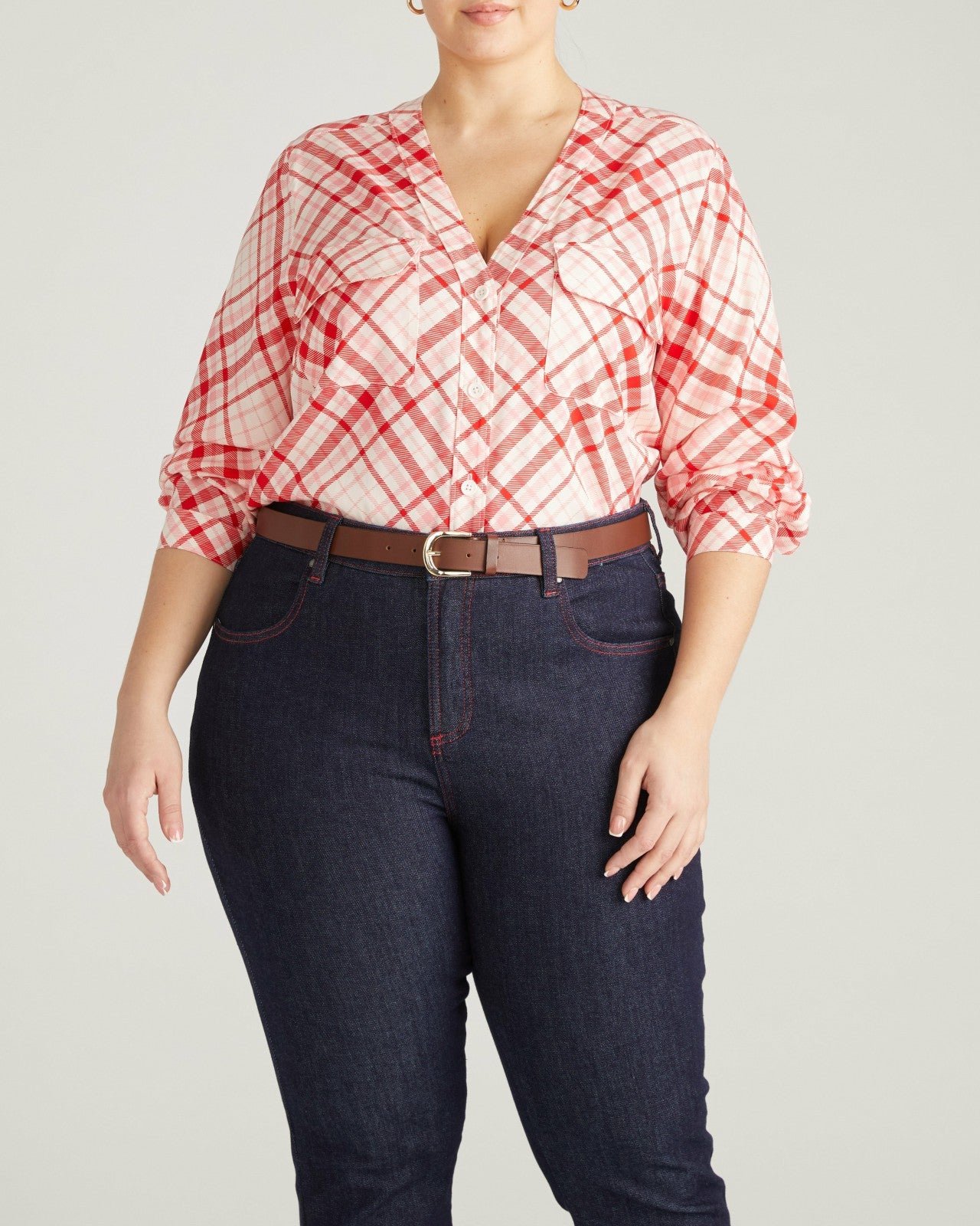 Universal Standard Cooling Stretch Cupro Button-Down Blouse - Red Plaid Print