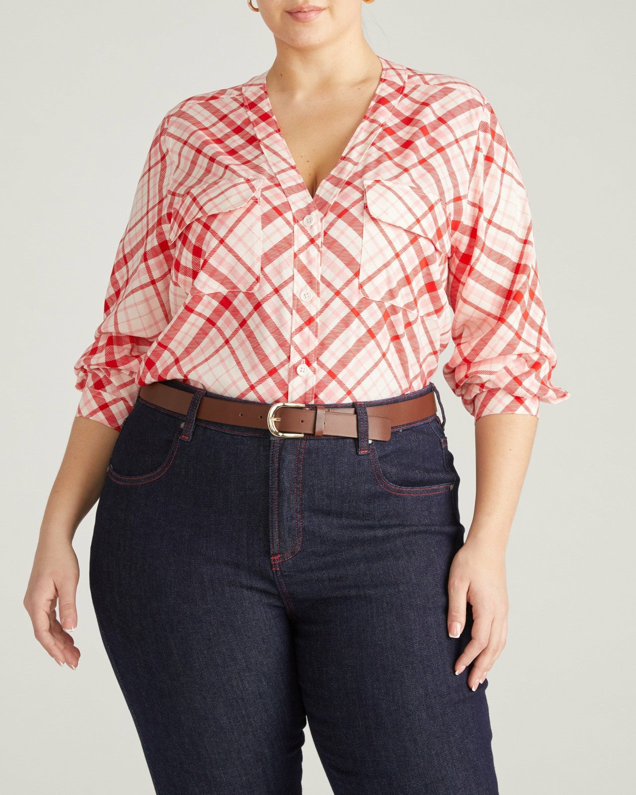 Universal Standard Cooling Stretch Cupro Button-Down Blouse - Red Plaid Print